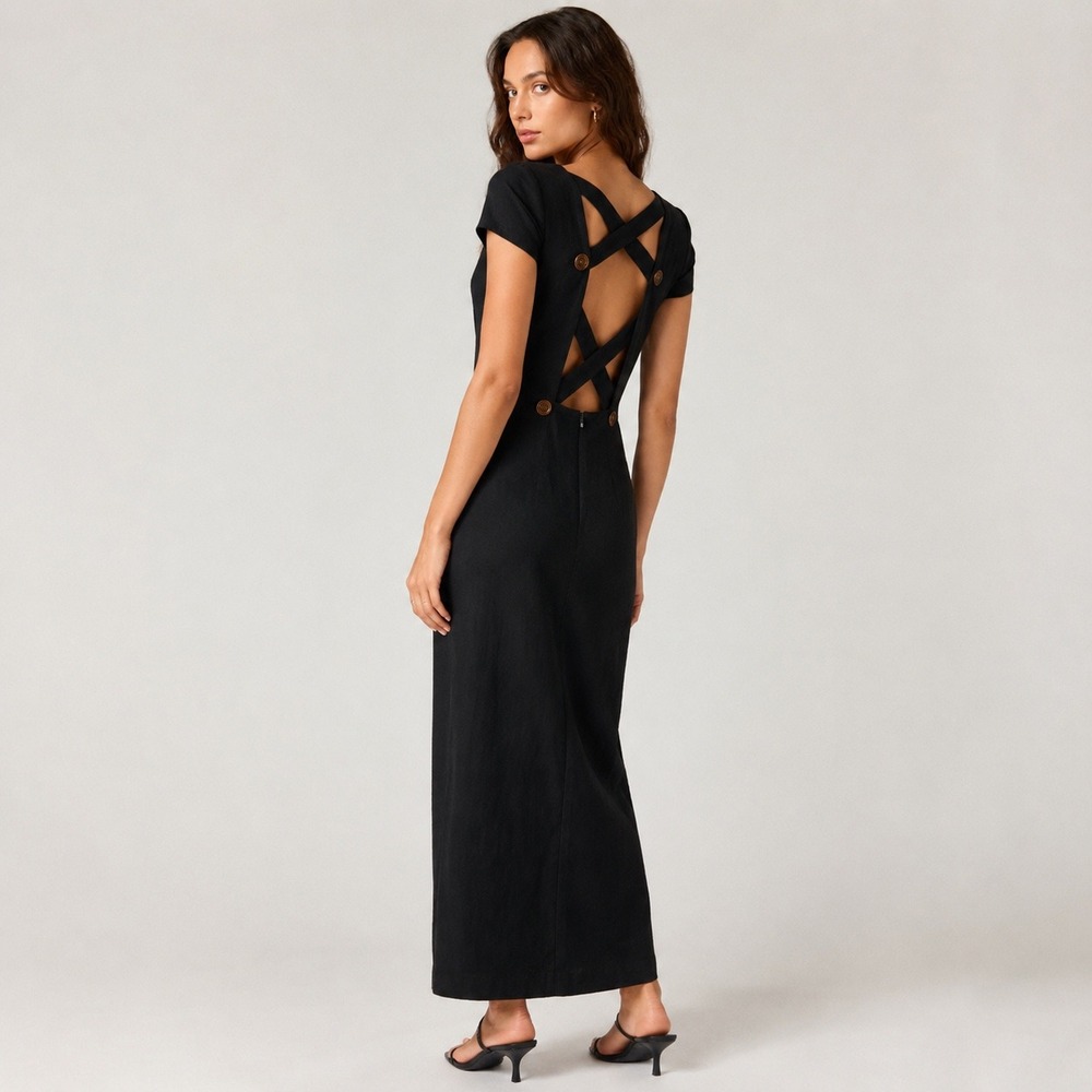 Geary Roark Kamisato Vintage 90s Black Linen Blend Cross Back Midi Dress Size 10
